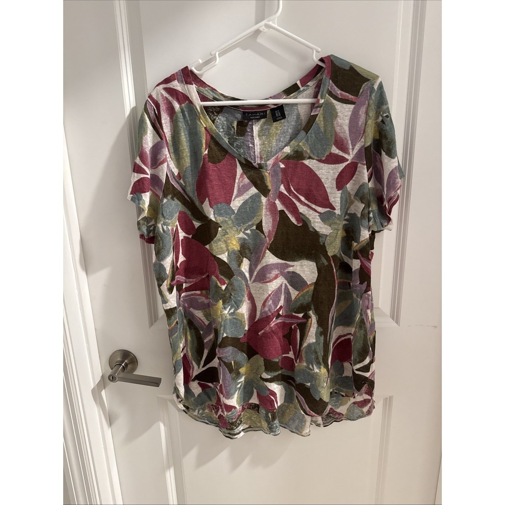 Tahari 100% Linen Floral Short Sleeve Blouse High Low Hem Women's Size 1X
